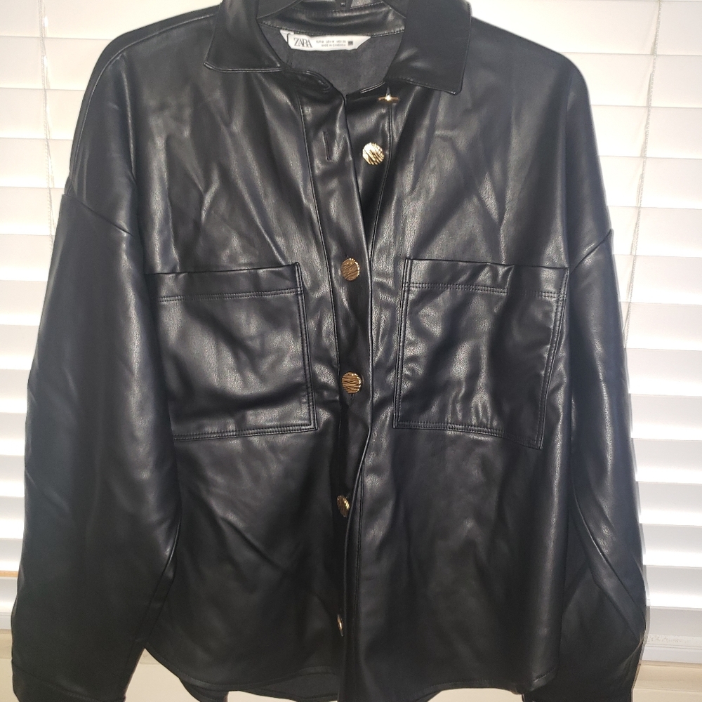 Zara faux Leather Buttoned Shirt Jacket, Women,  M , Blk, NWT